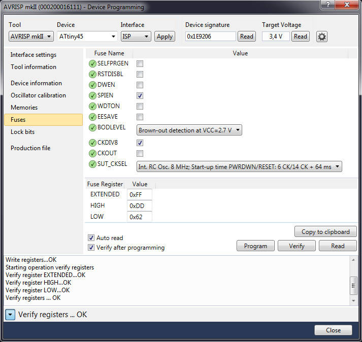 Screenshot Einstellung der Fuses fuer RC Modus