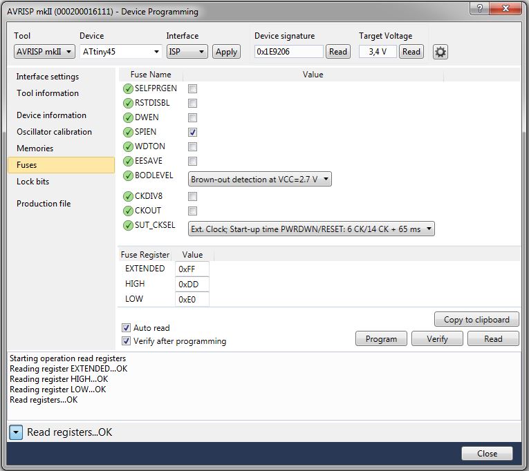 Screenshot Einstellung der Fuses fuer Quarzmodus